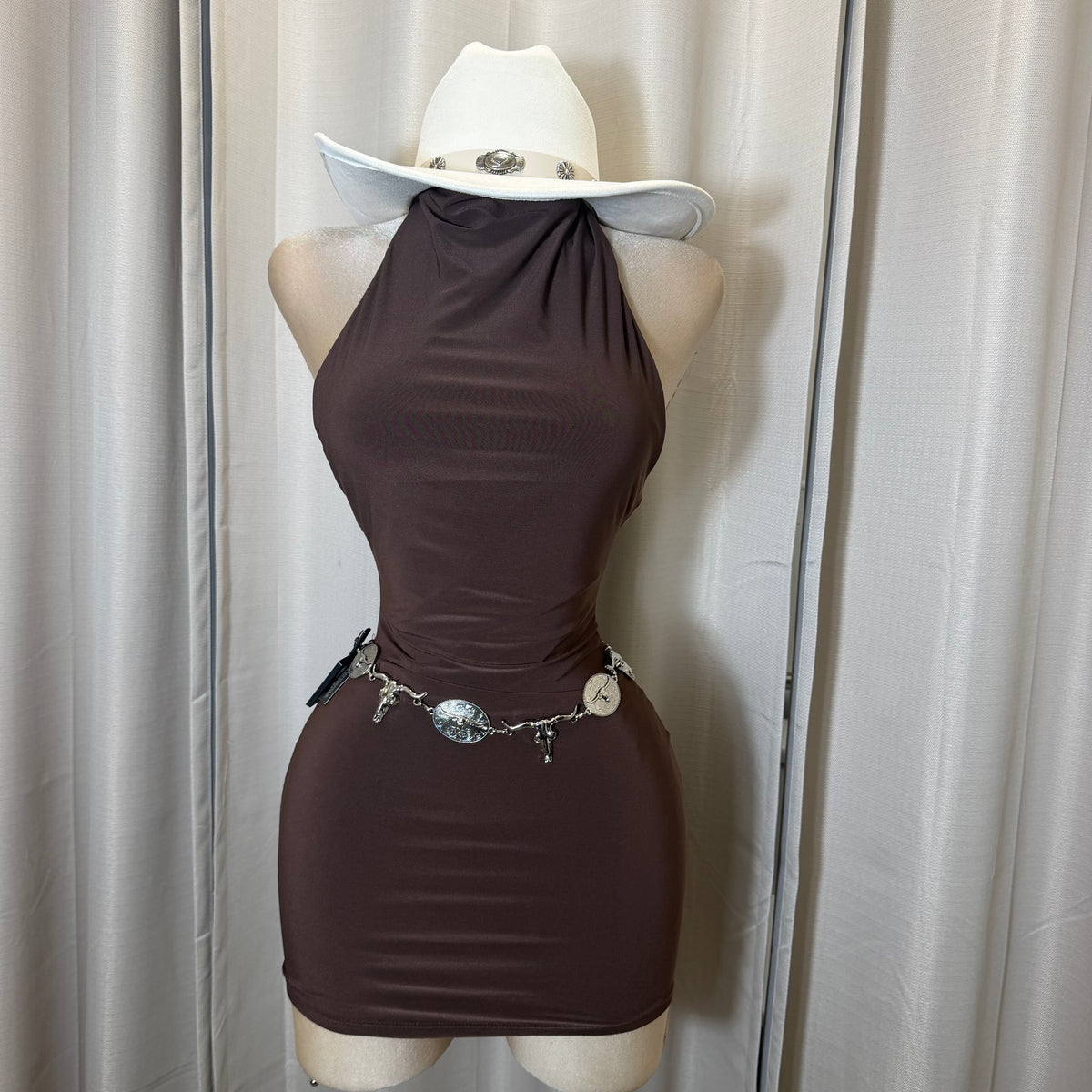 Sleeveless Halter Cowl Neckline Mini Dress-Brown