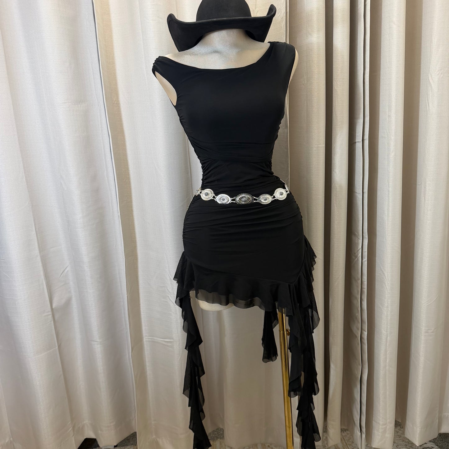 Off shoulder Dress with flowing Detail-Black