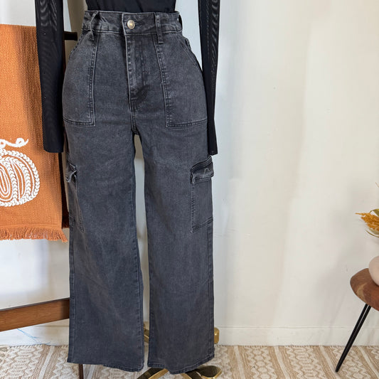 Wide Leg Cargo Jeans- DK Grey Cargo
