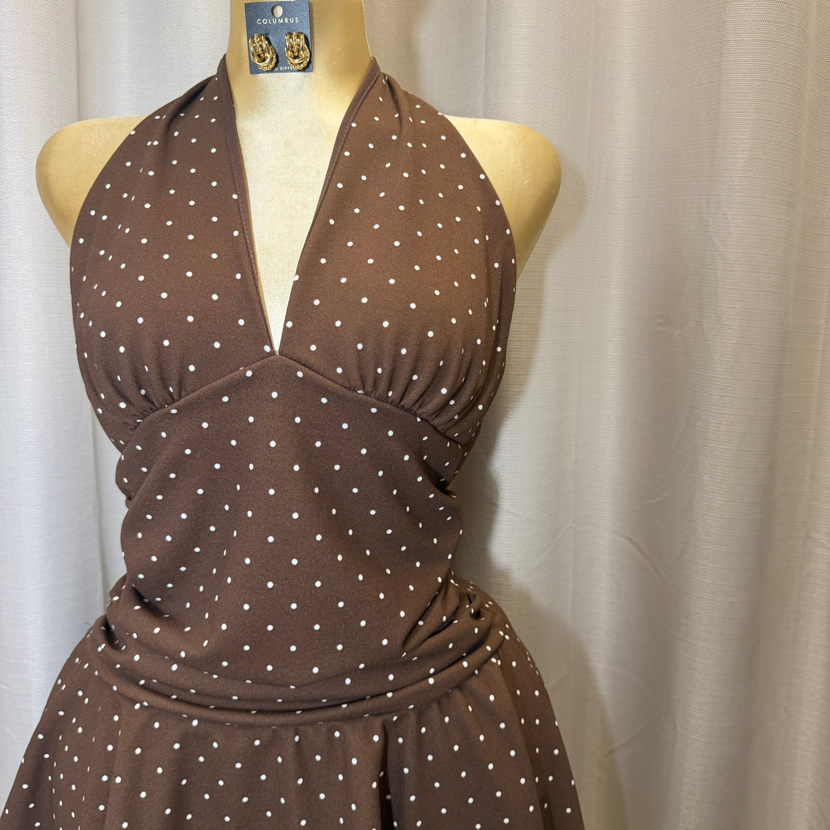 PL-Halter Polka Dot Dress-Brown/White