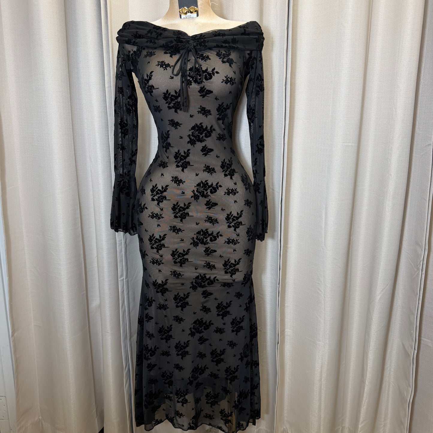 Flocked Long Sleeve Mesh off shoulder maxi Dress-Black/Nude