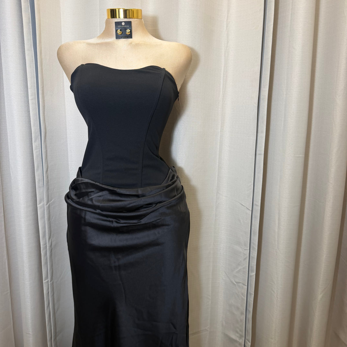 Satin Strapless Sweetheart Neckline Cowl Hip lace Maxi Dress-Black