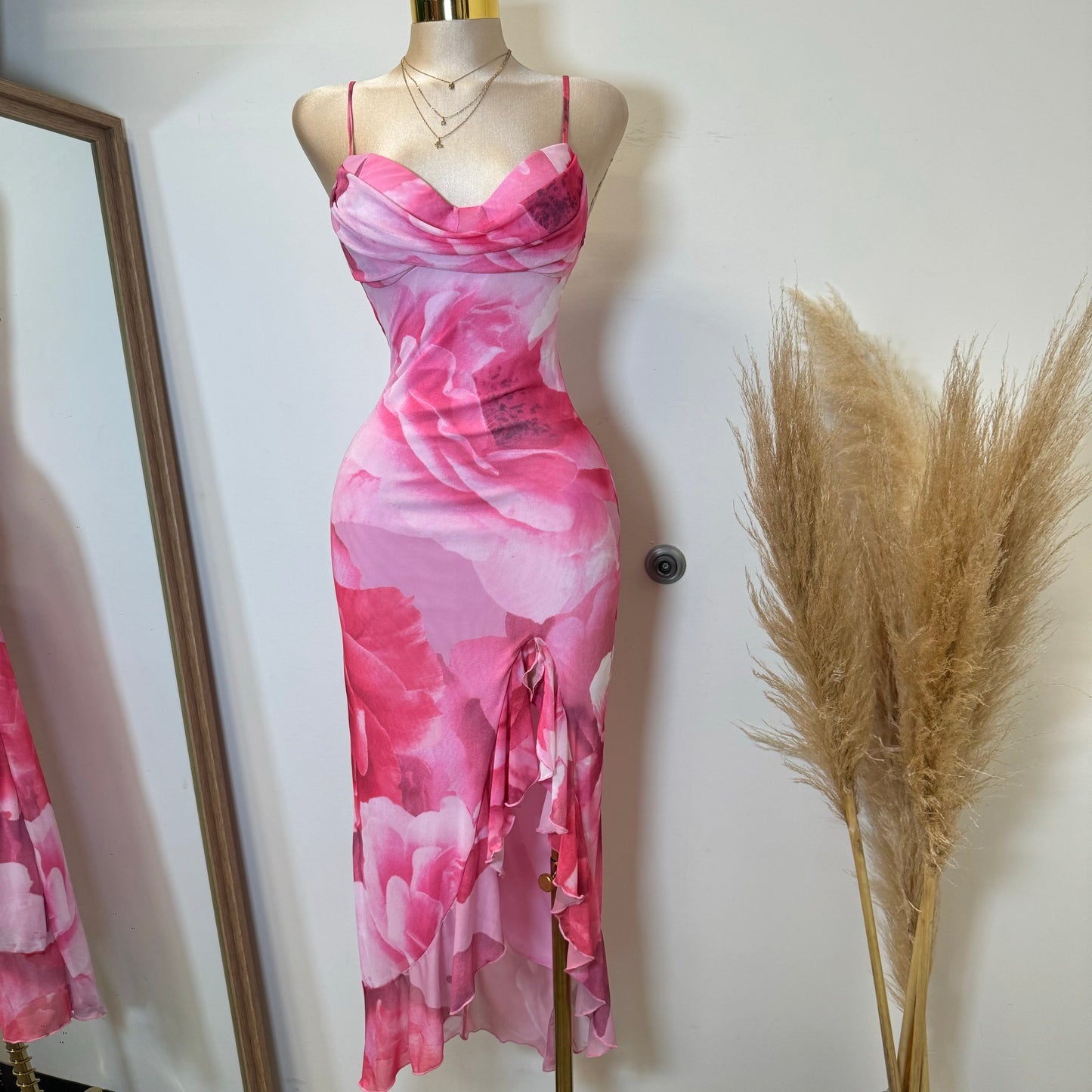 Zabrina Floral Ruffle Slit Mesh Dress-Pink