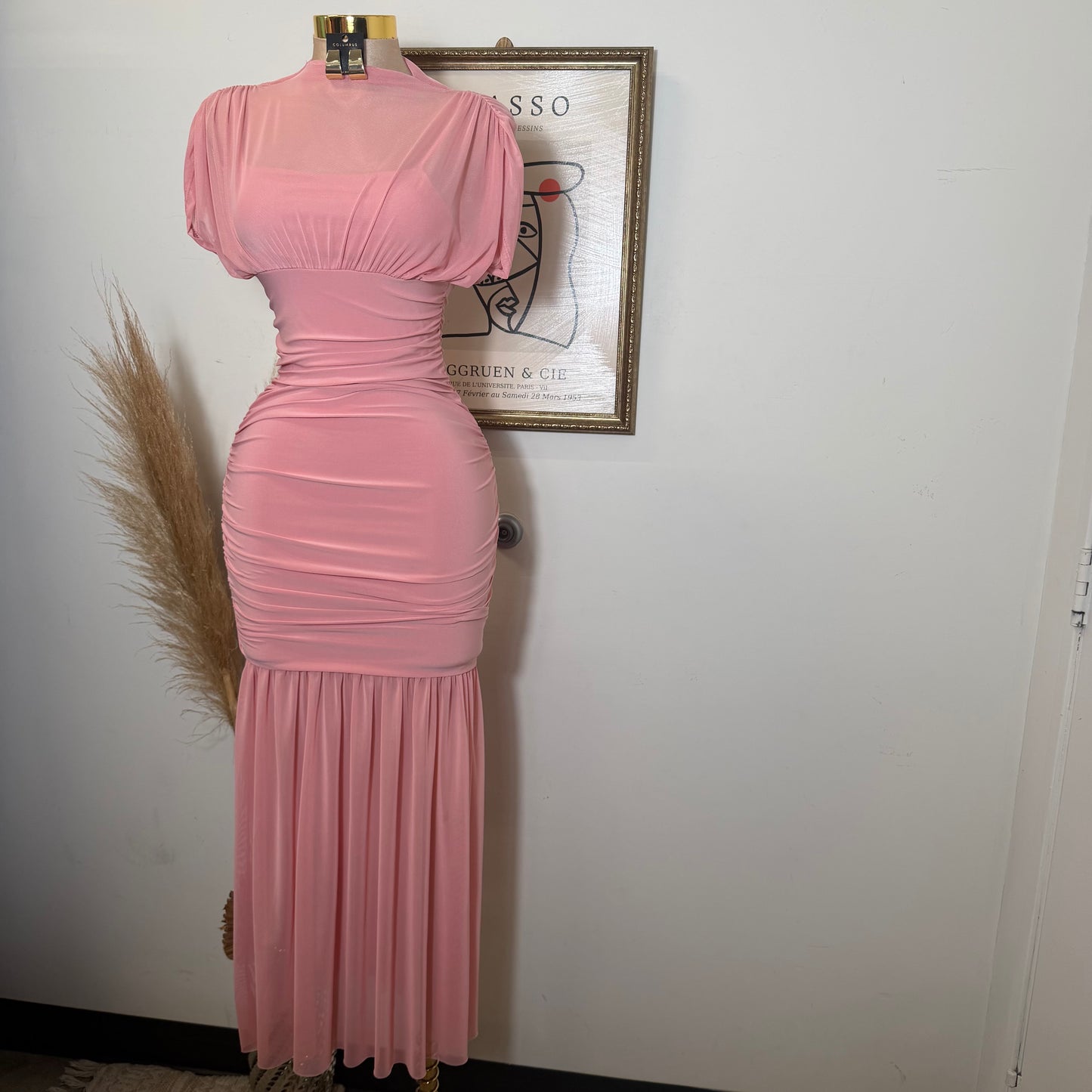 Mesh & Knit Mix Long Dress-Pink