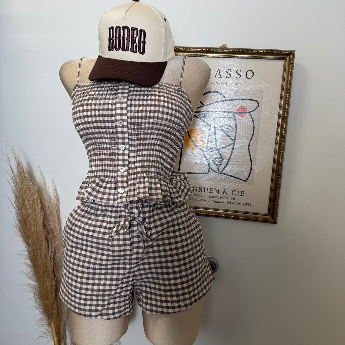 Smocked Gingham Peplum Short Two piece set-Mocha