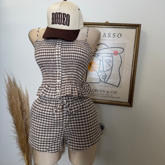 Smocked Gingham Peplum Short Two piece set-Mocha