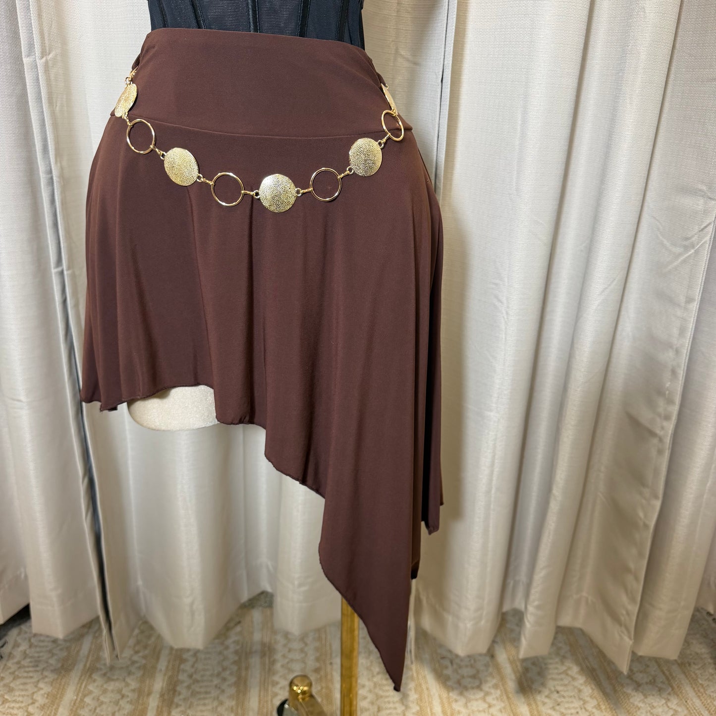 Belted Asymmetrical Midi Skirt-Brown