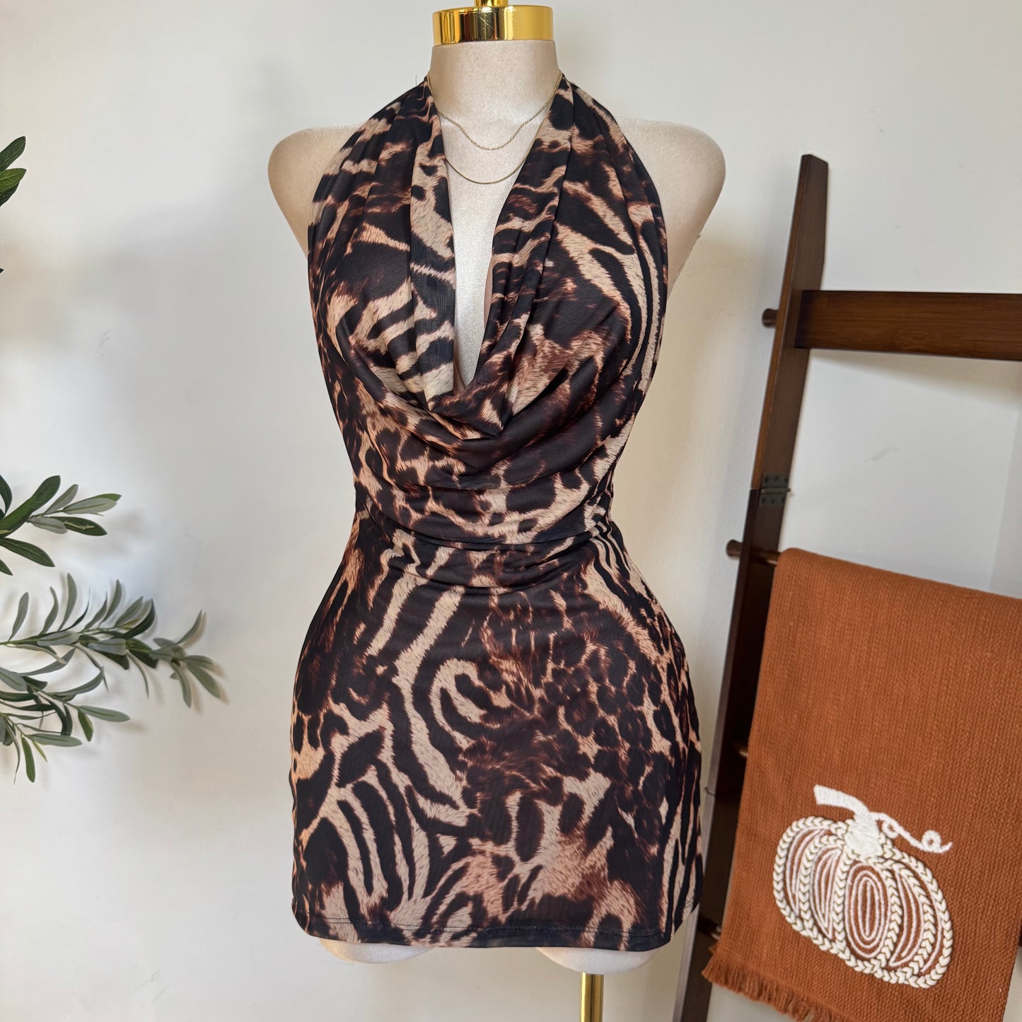 Halter Mesh Dress-Cheetah