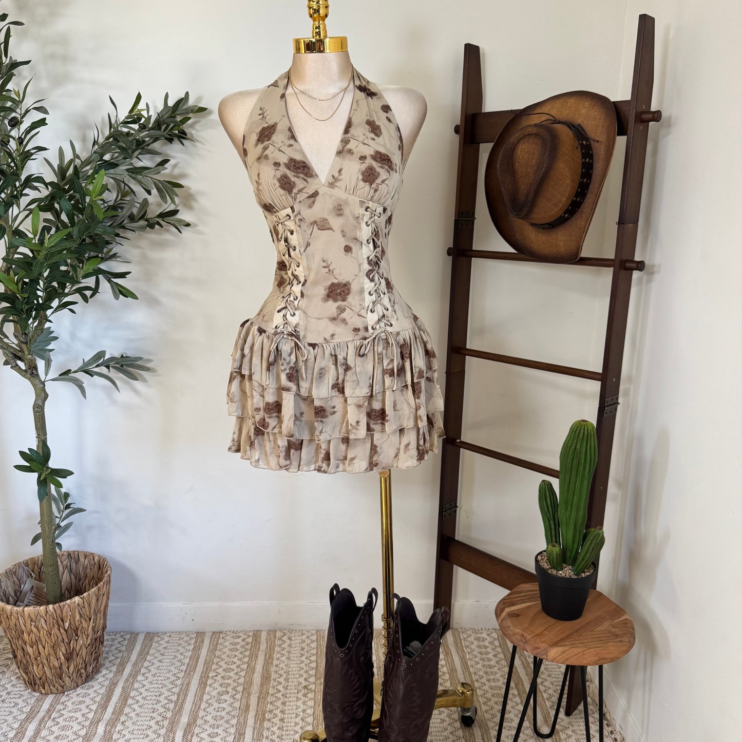 Halter eyelet inset ruffle Flare mini Corset Dress-Brown