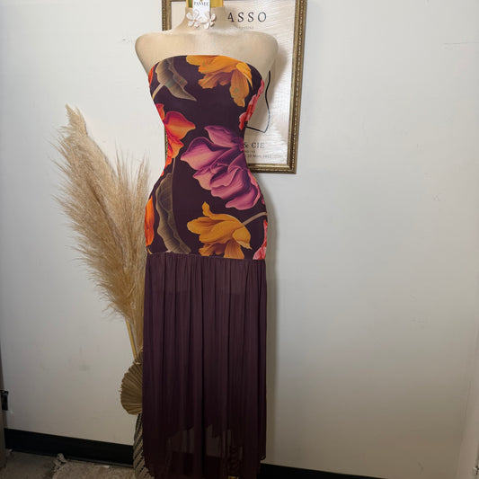 Floral Mesh Bottom fit and Flare Maxi Dress-Raisin