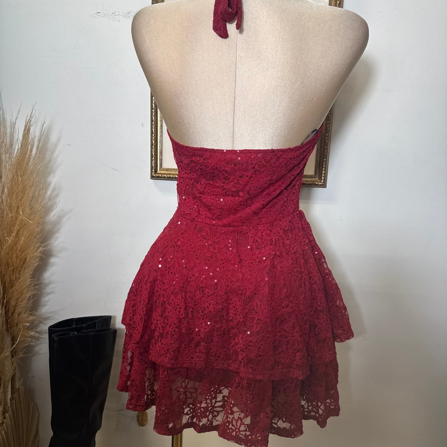 Sequined Halter Mini Dress with Tiered Skirt-Red