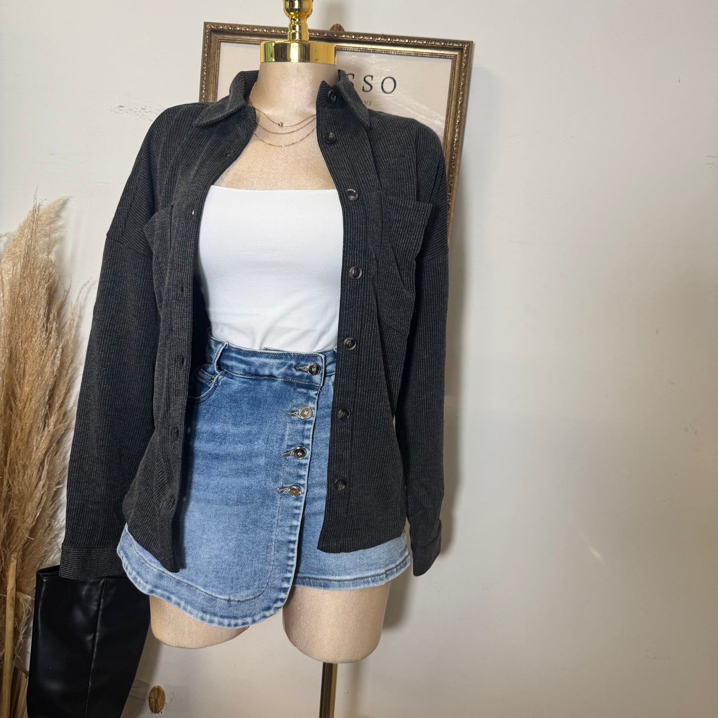 Oversized Pinstripe Collared Button Down Shacket-Charcoal