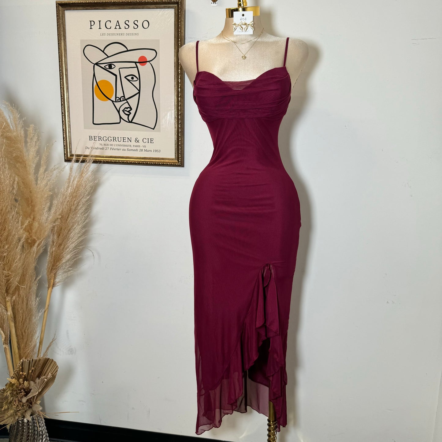 Karil Mesh Dress-Burgundy