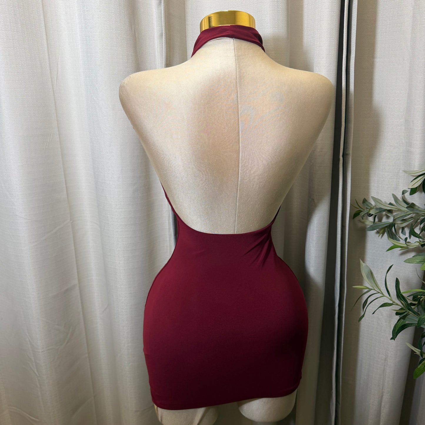 Sleeveless Halter Cowl Neckline Mini Dress-Burgundy