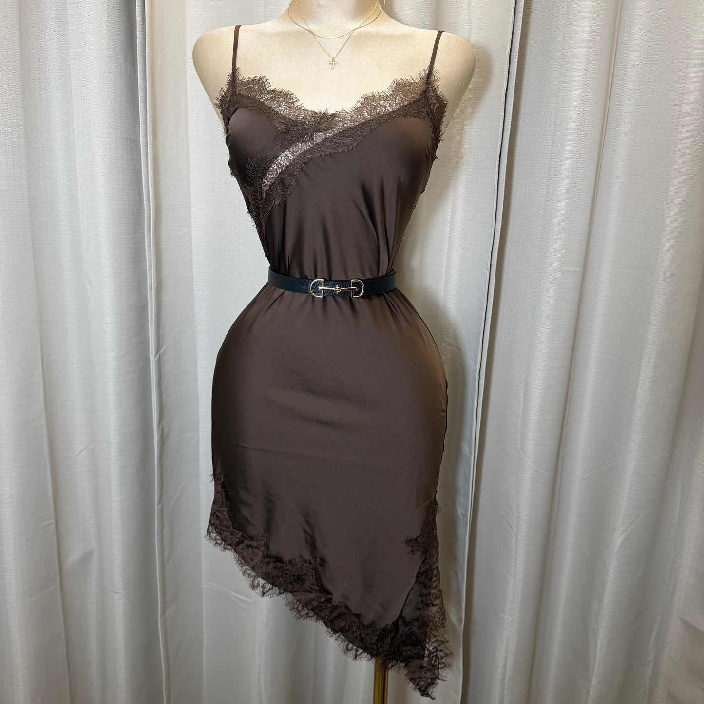 Satin Asymmetrical Lace detail Dress-brown