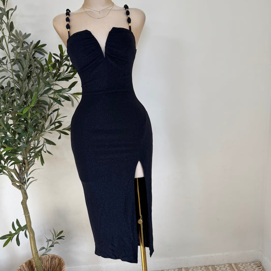 METALLIC LUREX KNIT MIDI DRESS-Navy