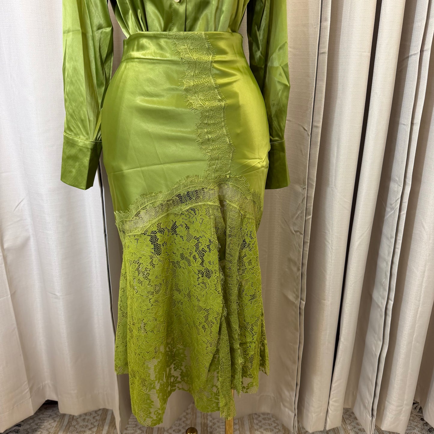 Satin Long Sleeve Top with Lace Skirt-Sage Green/Olive