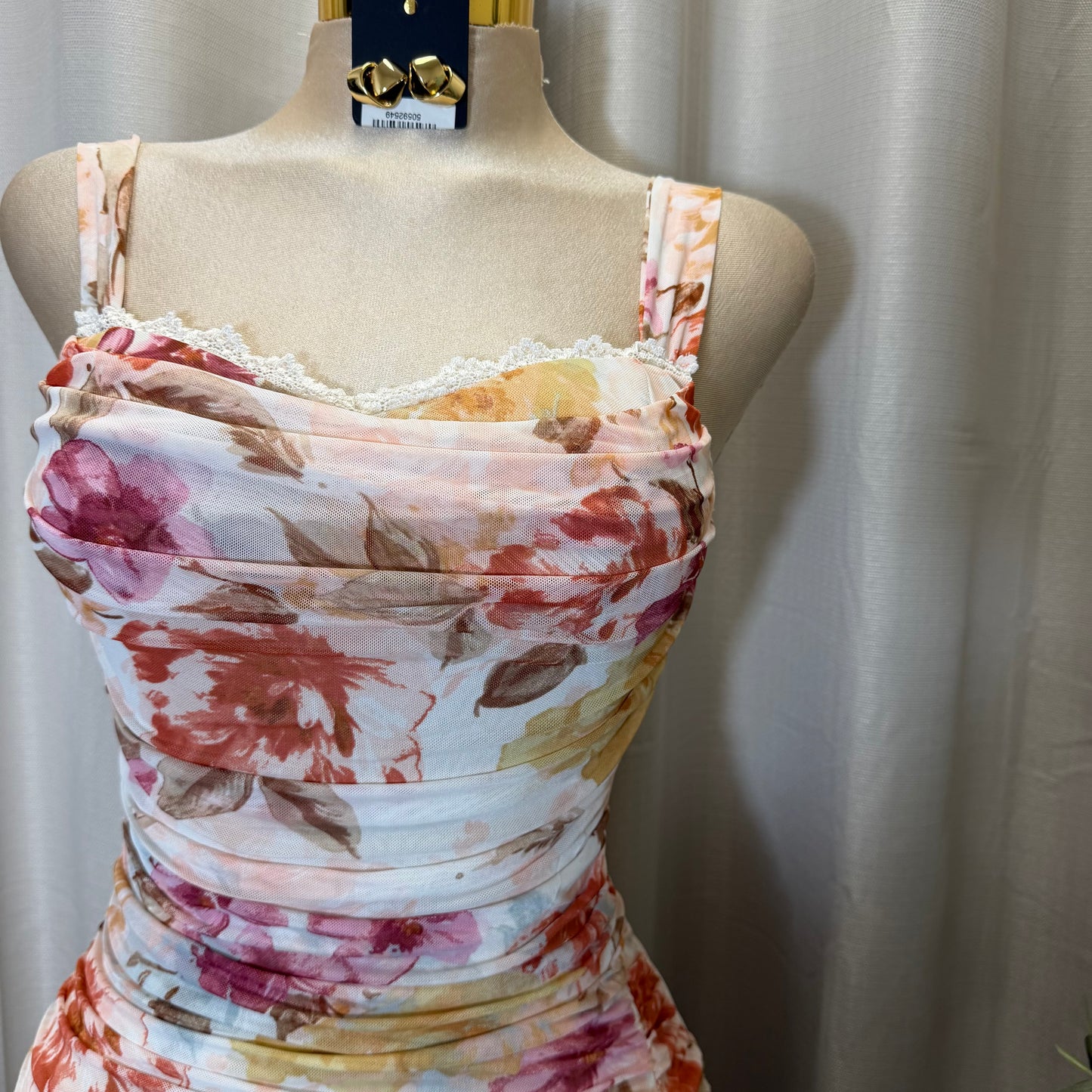 Mesh Flower Print Midi Dress-Pink/Cream/Multi