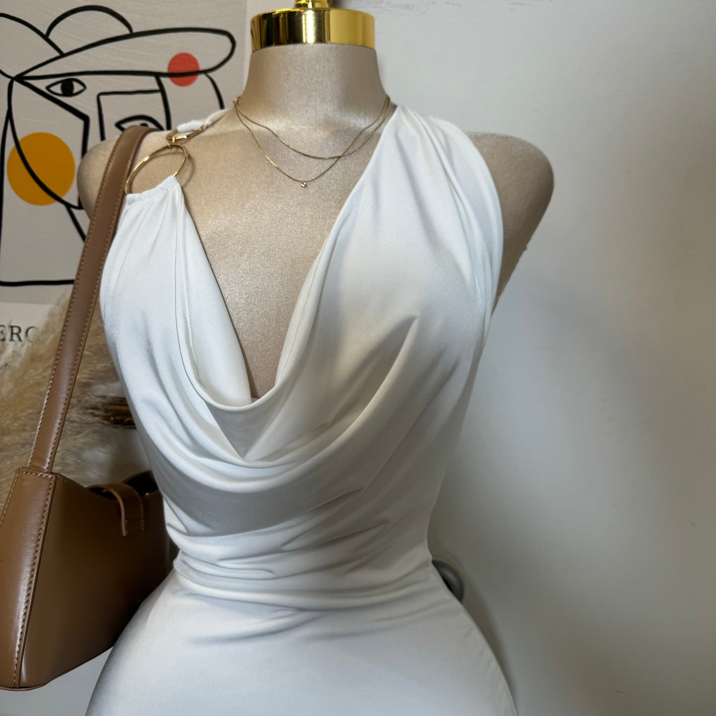 Cowl Halter Mesh Dress-White