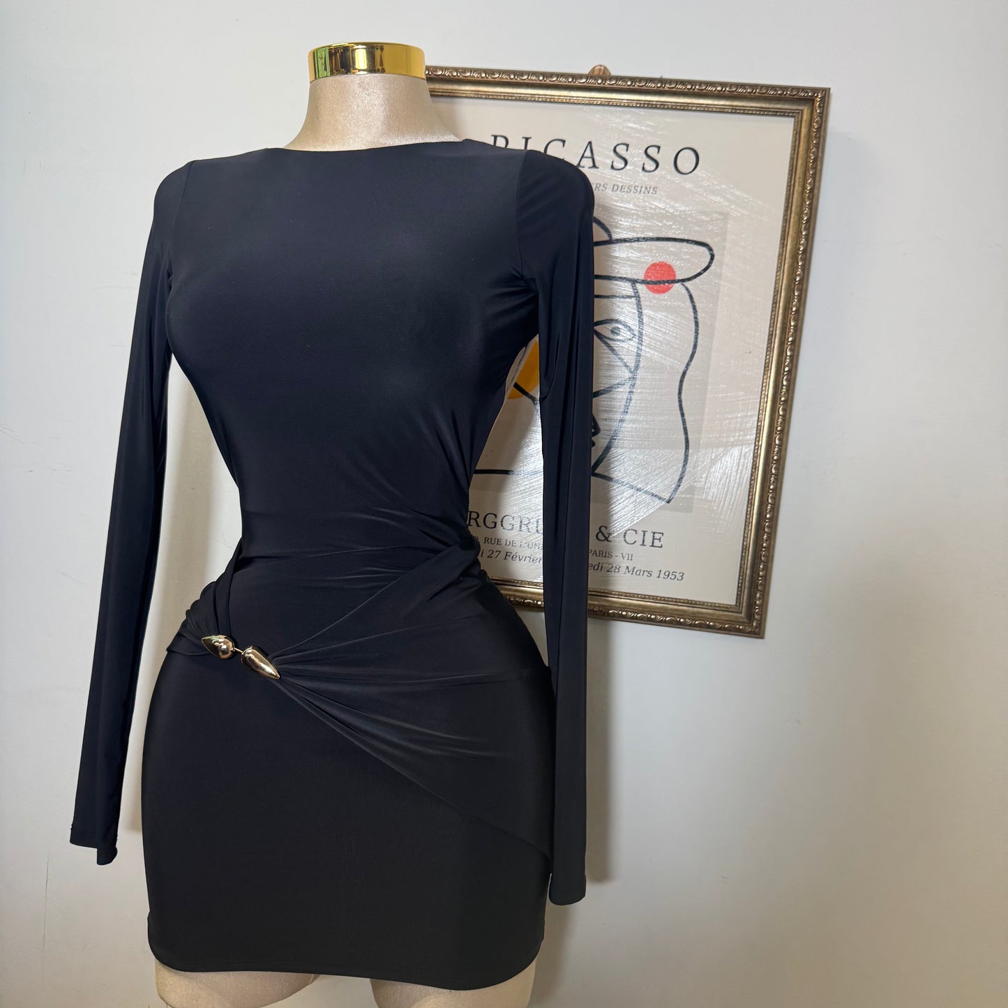 Long Sleeve Drape Trim Detail Mini Dress-Black