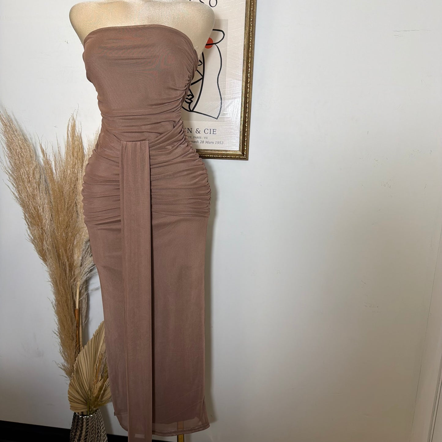 Solid Mesh Tube Maxi Dress-Brown