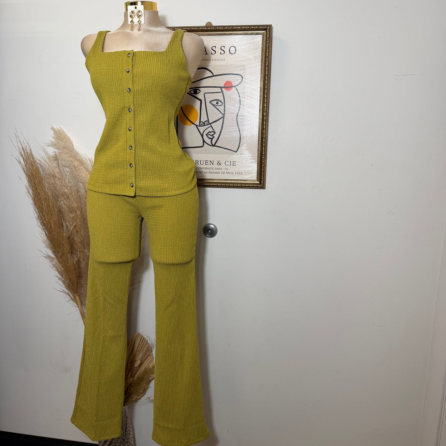 Square neck Vest & Flare Pant set-Green Olive