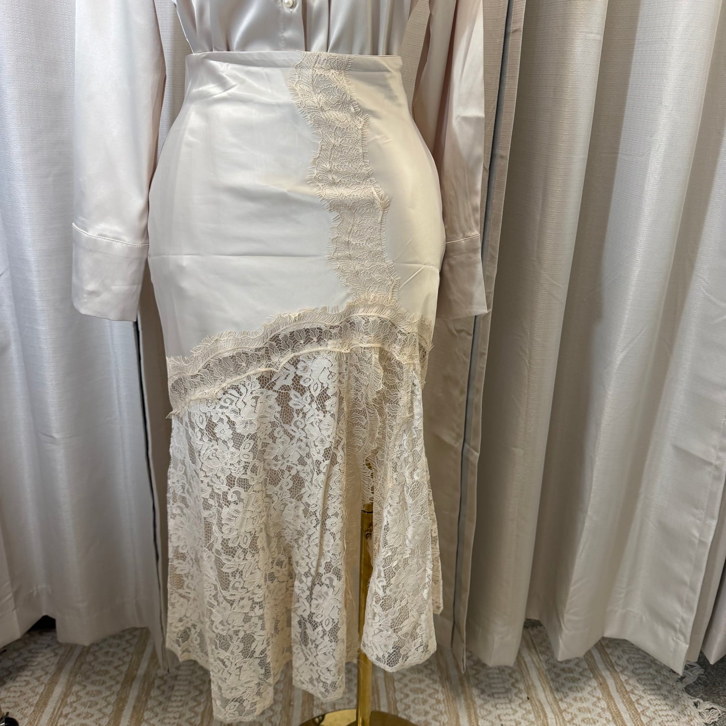 Satin Long Sleeve Top with Lace Skirt-Beige/Cream/White