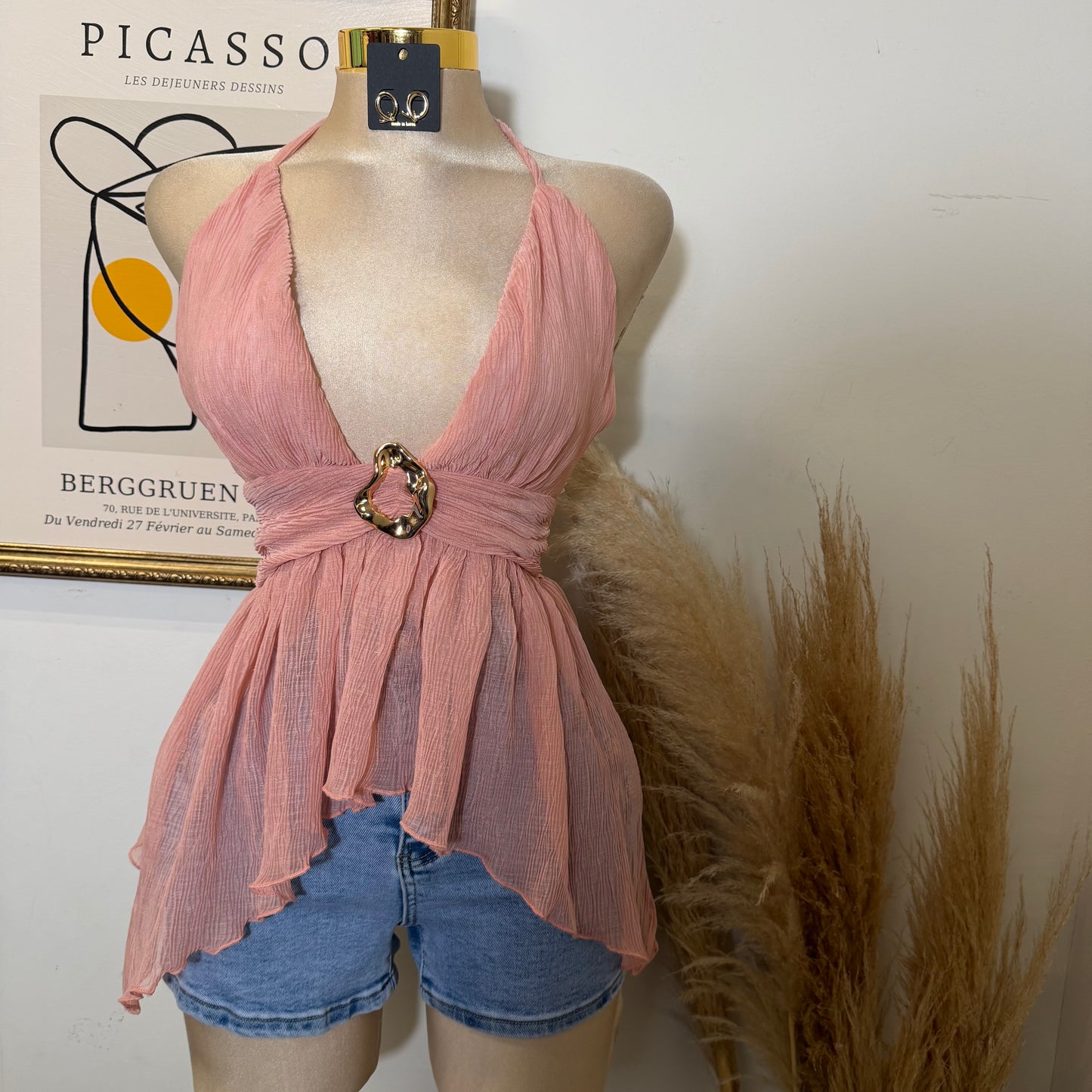Textured Open back Top With Trim-Pink