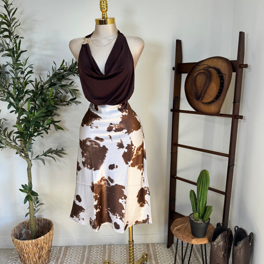 Cow Print Satin Midi Skirt-brown