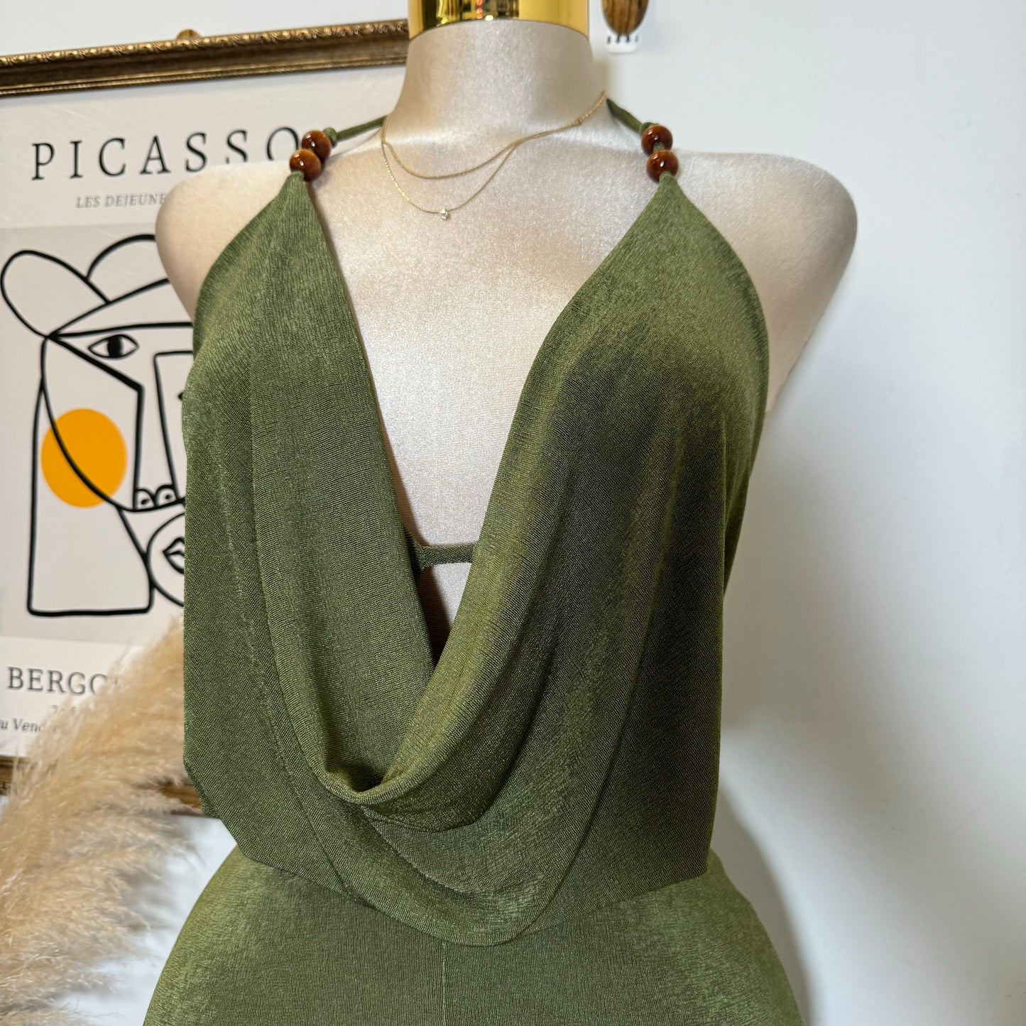 Bead Cowl Neck Halter Jumpsuit-Green