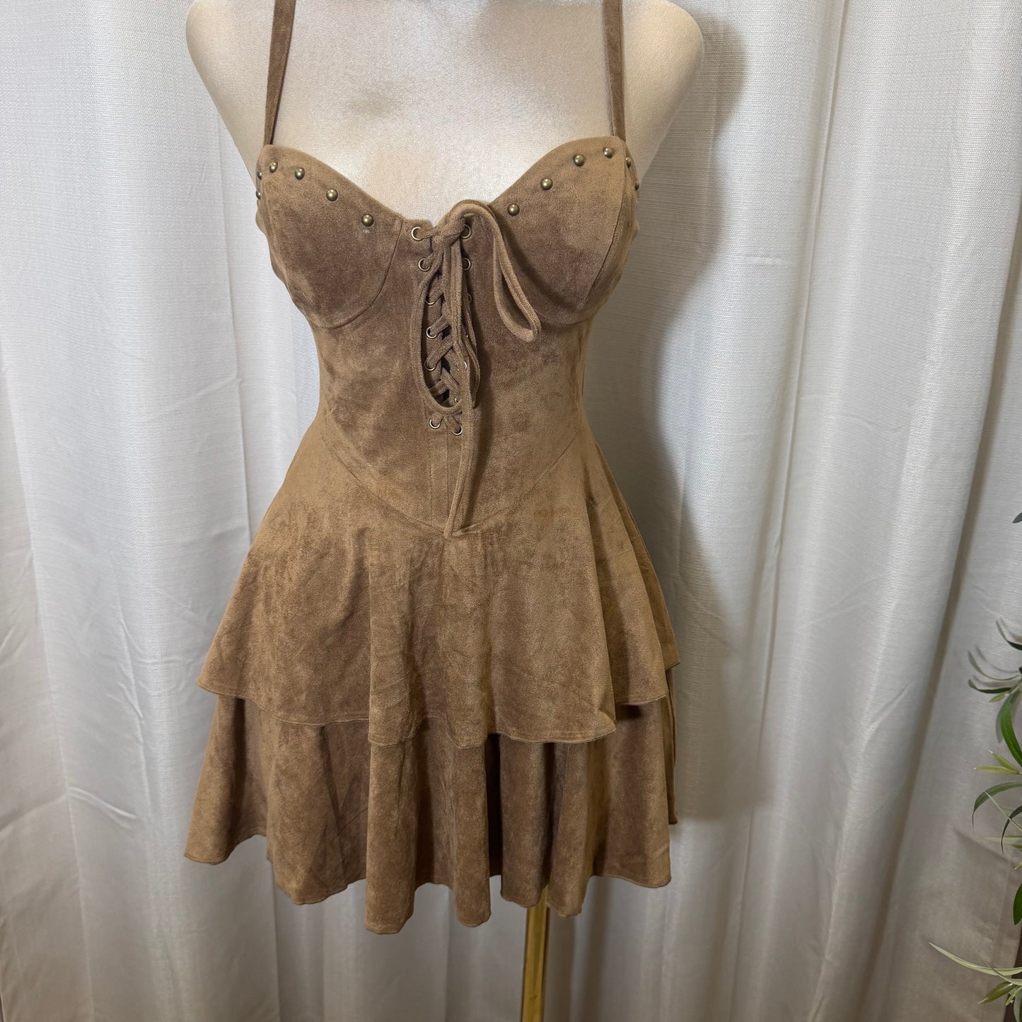 Studded Lace Up Tiered Mini Dress-Brown
