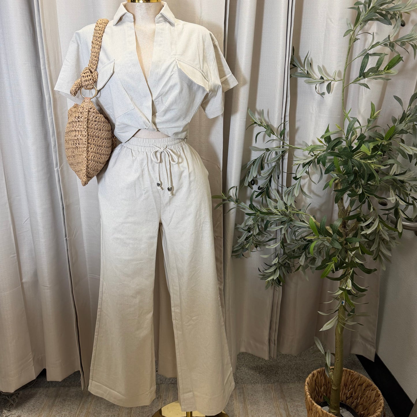 Front twist Top and wide leg pant Set-Beige