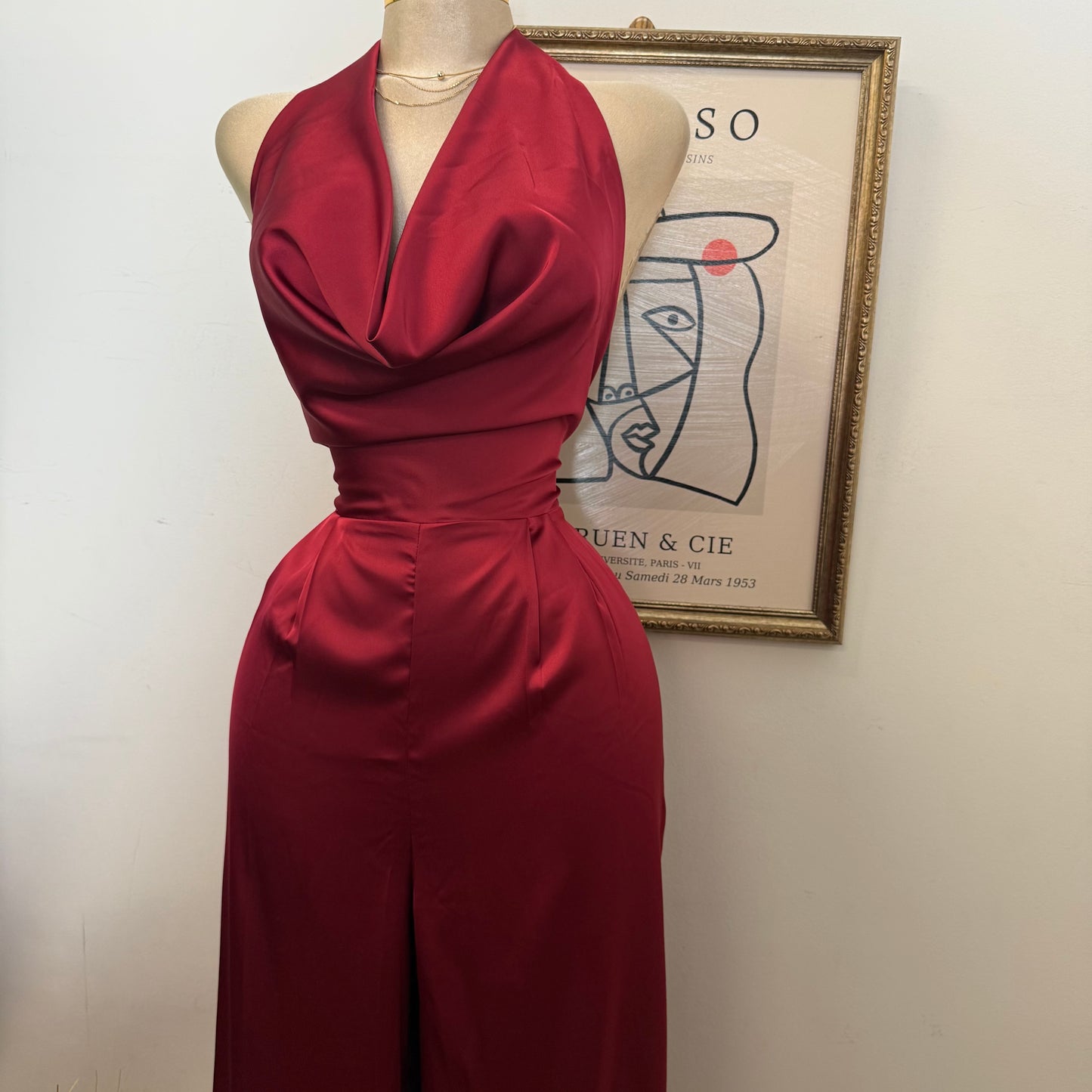 Cowl Halter Neck Wide Leg Jumpsuit-Red