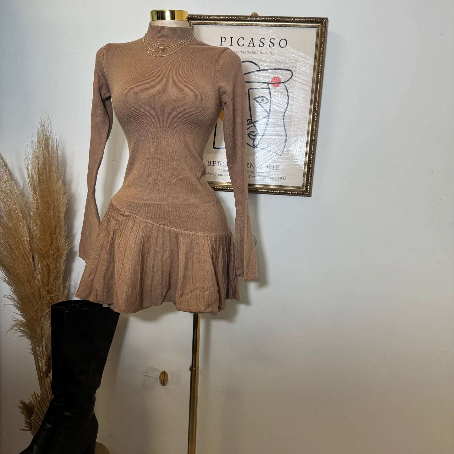 Pleated Sweater Dress-Mocha