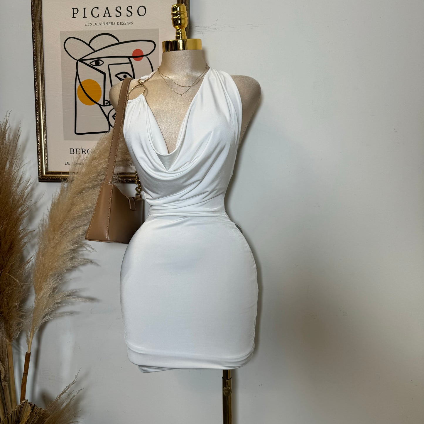 Cowl Halter Mesh Dress-White