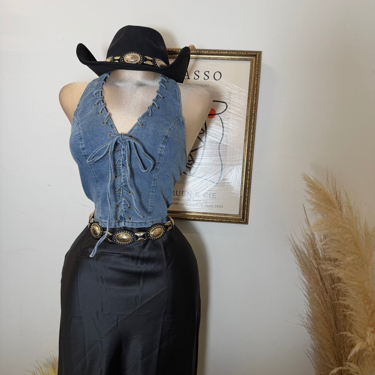 Halter Denim Lace Up Vest-Denim