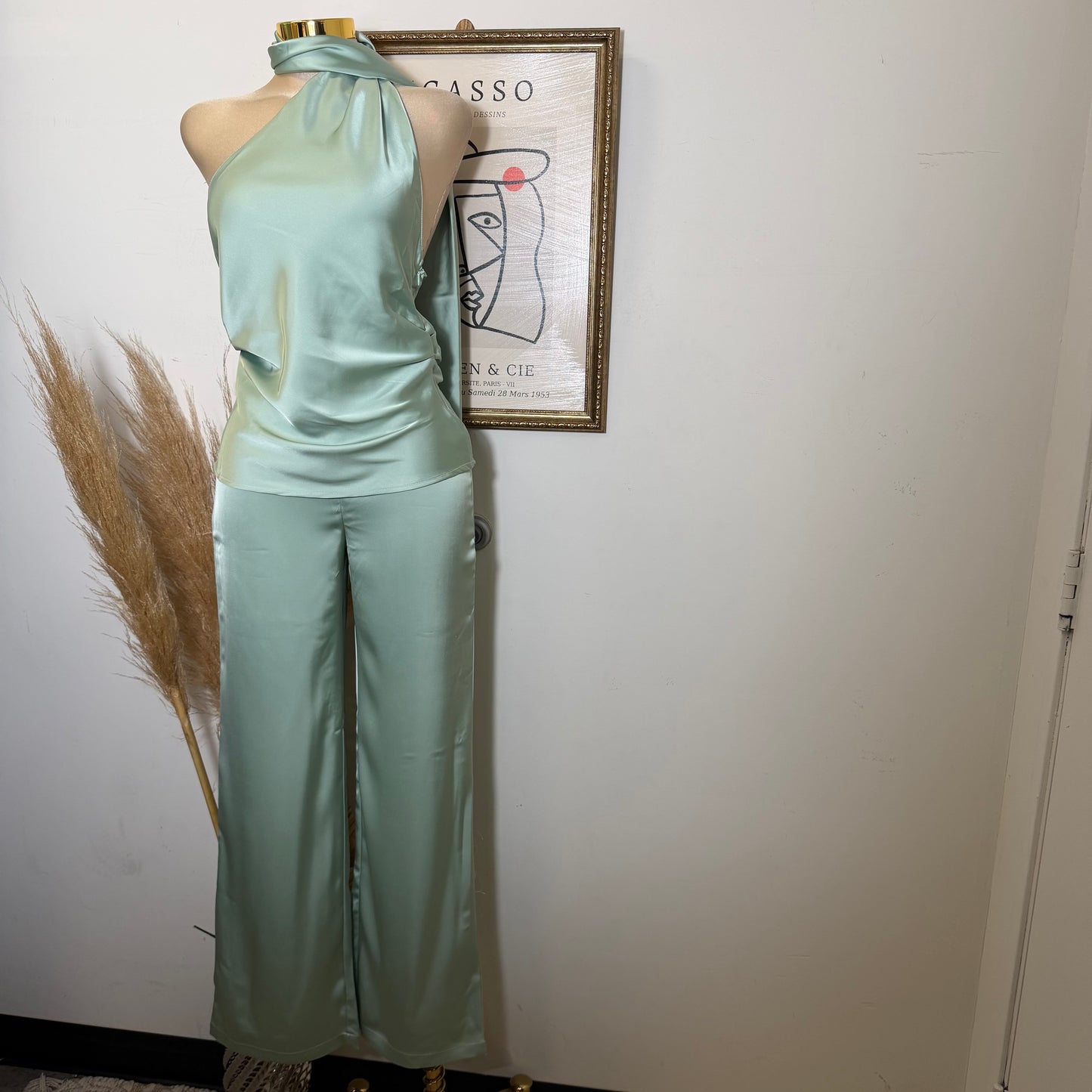 Satin Asymmetrical Scarf Halter Rcuhed Top Zipper Pants set