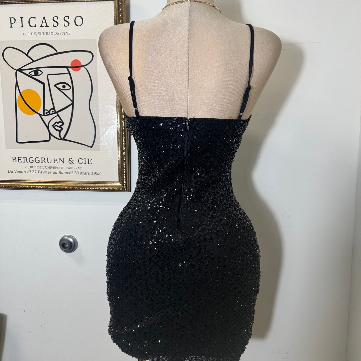 Beads and Sequins Pleated Bodycon Mini Dress-Black