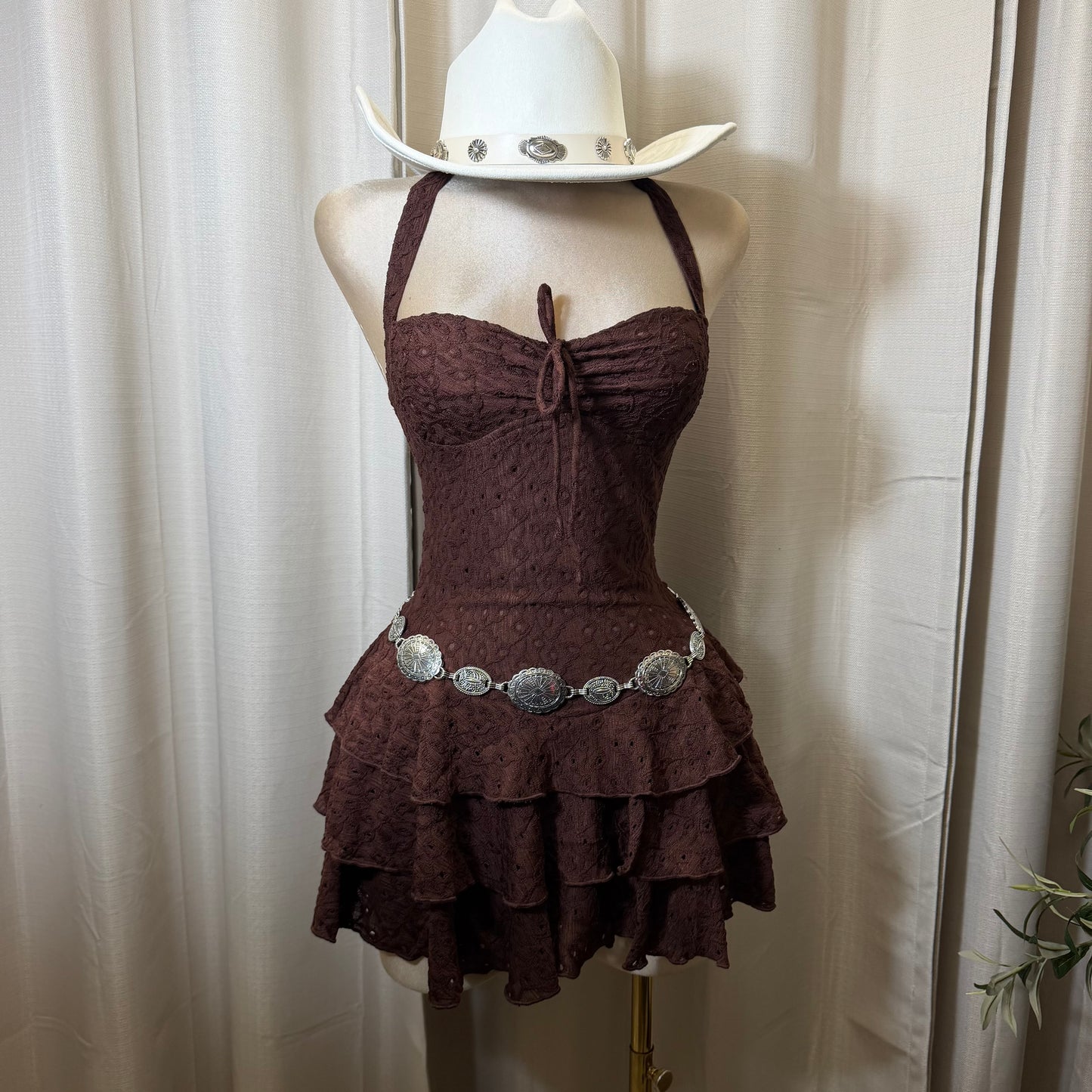 Eyelet halter neck Tiered Ruffle Mini Dress-Brown