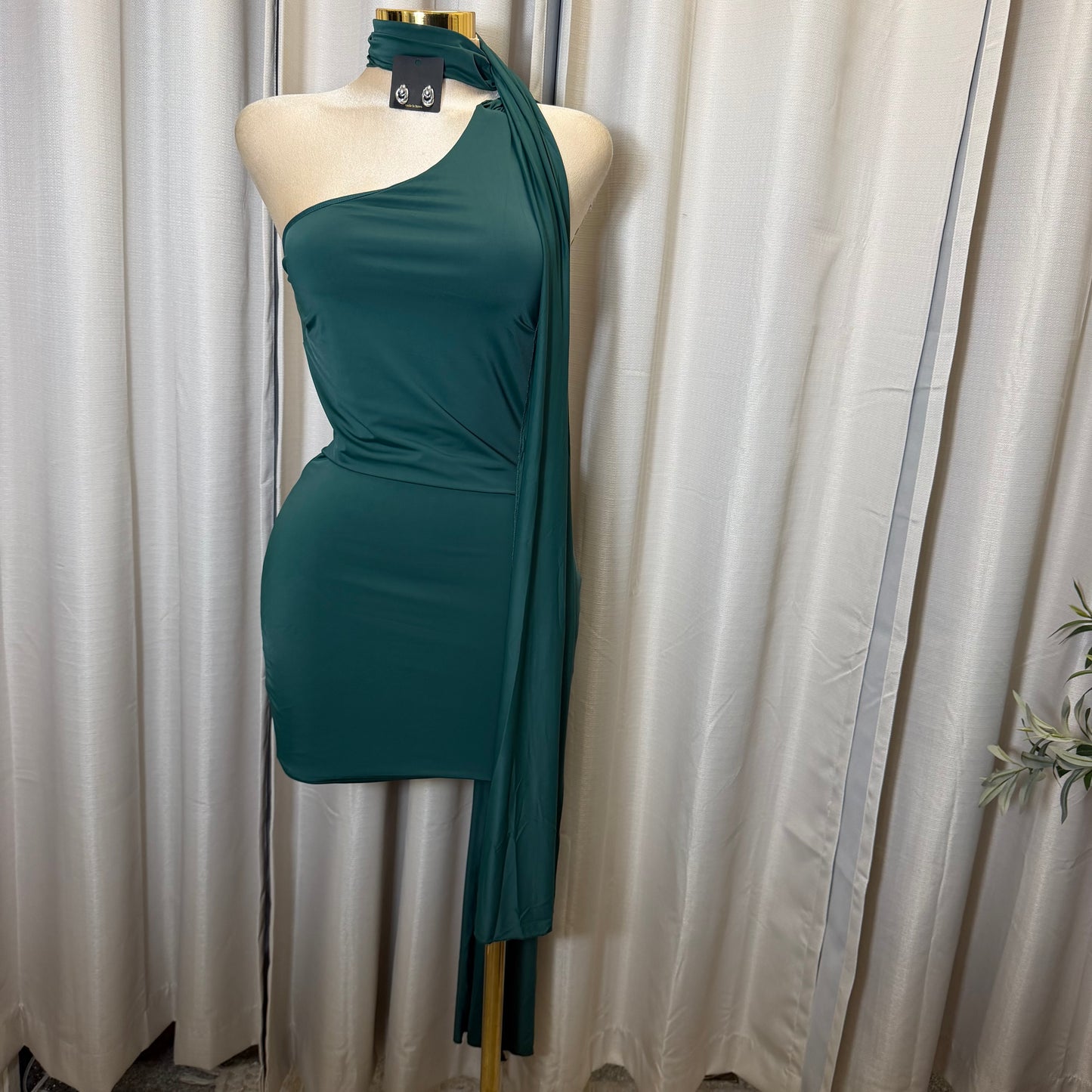 Thin Soft knit with scarf Dress-Hunter Green
