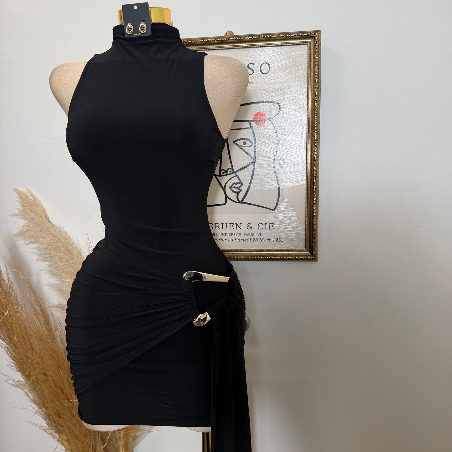Mock Neck Front Sash With Trim Detail Mini Dress-Black (Copy)