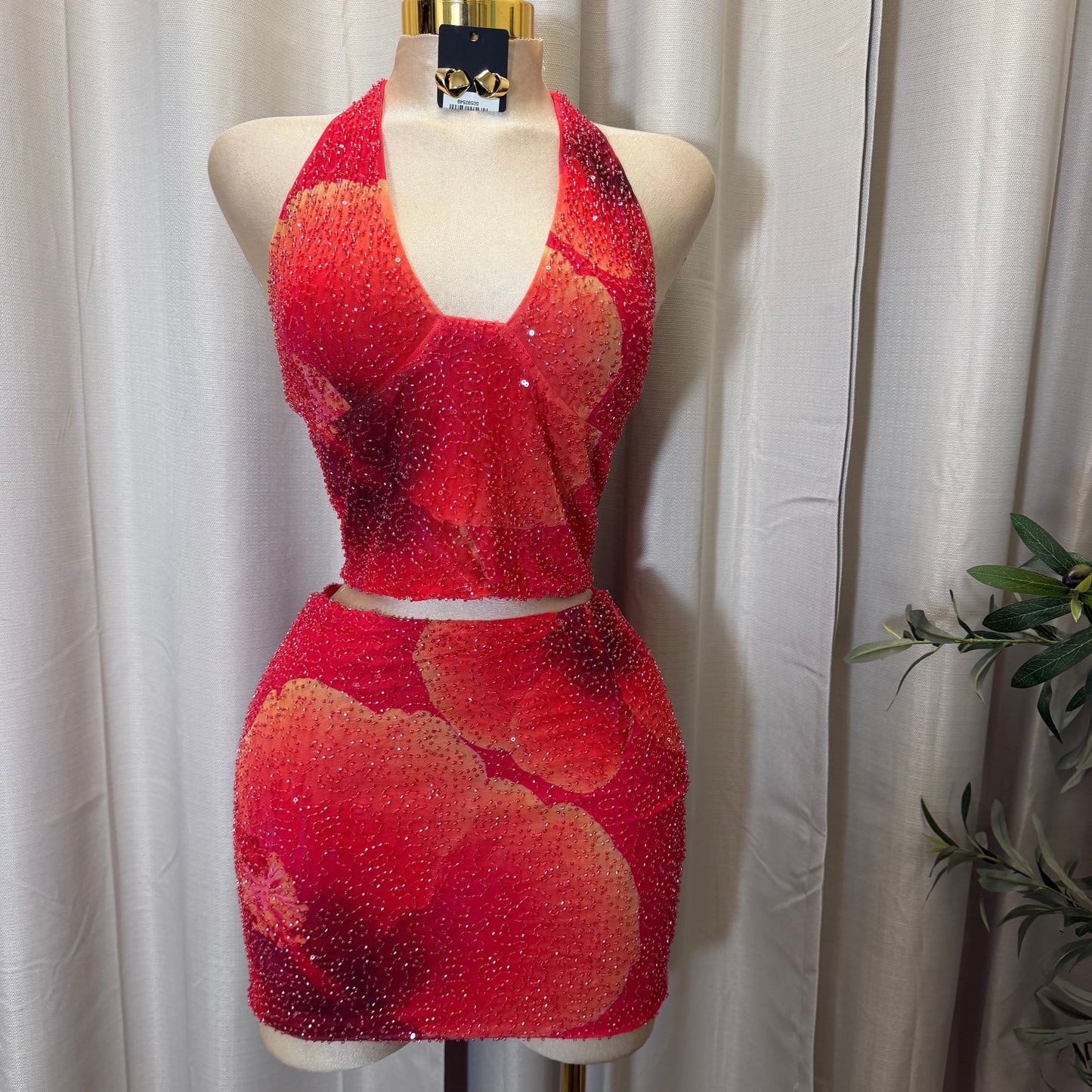Mesh Two Piece V-neck Halter top Skirt Set-Pink/Orange