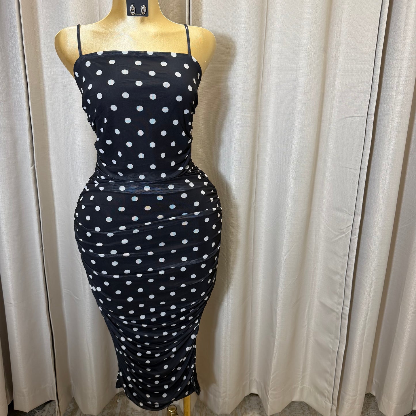 PL-Mesh Polka midi Dress-Black/white