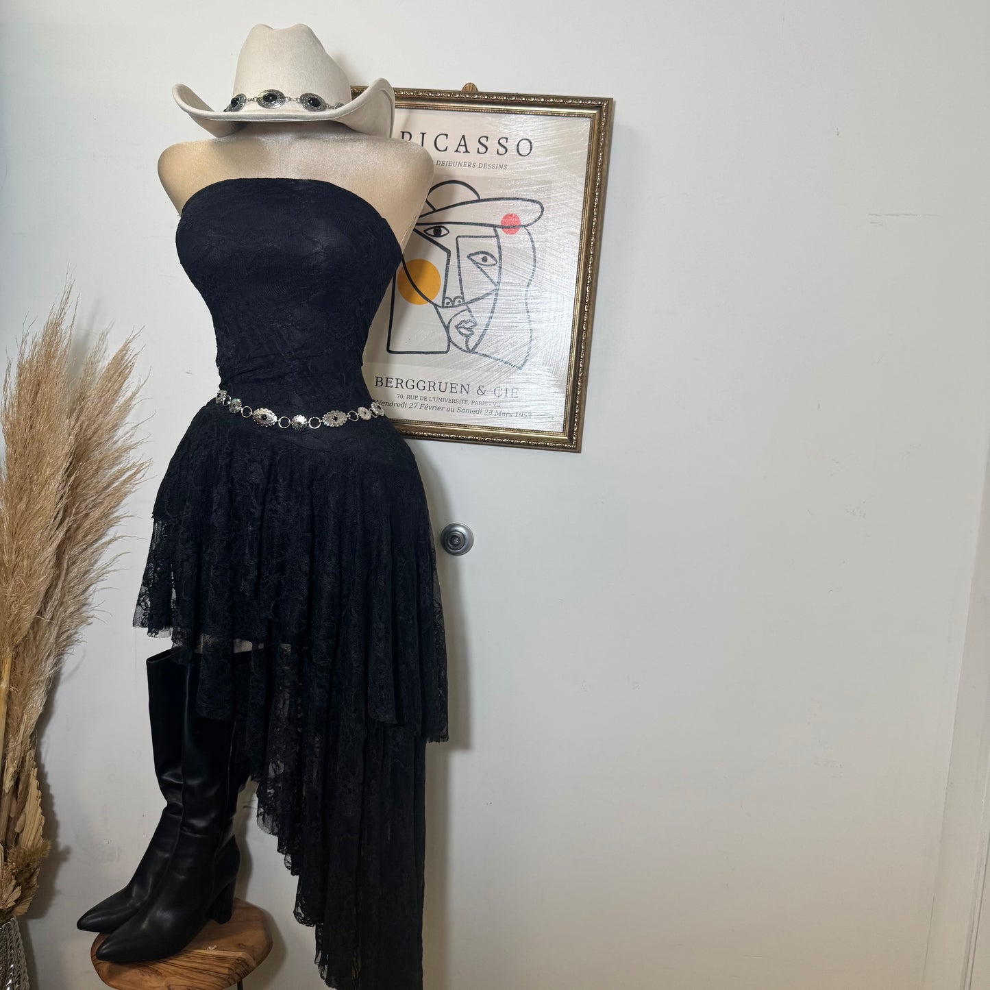 Lace Double Layer Ruffle Asymmetrical Maxi Dress-Black