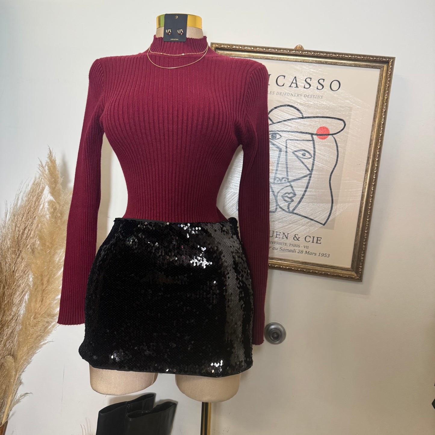 Ribbed Mock Neck Long sleeve-Burgundy