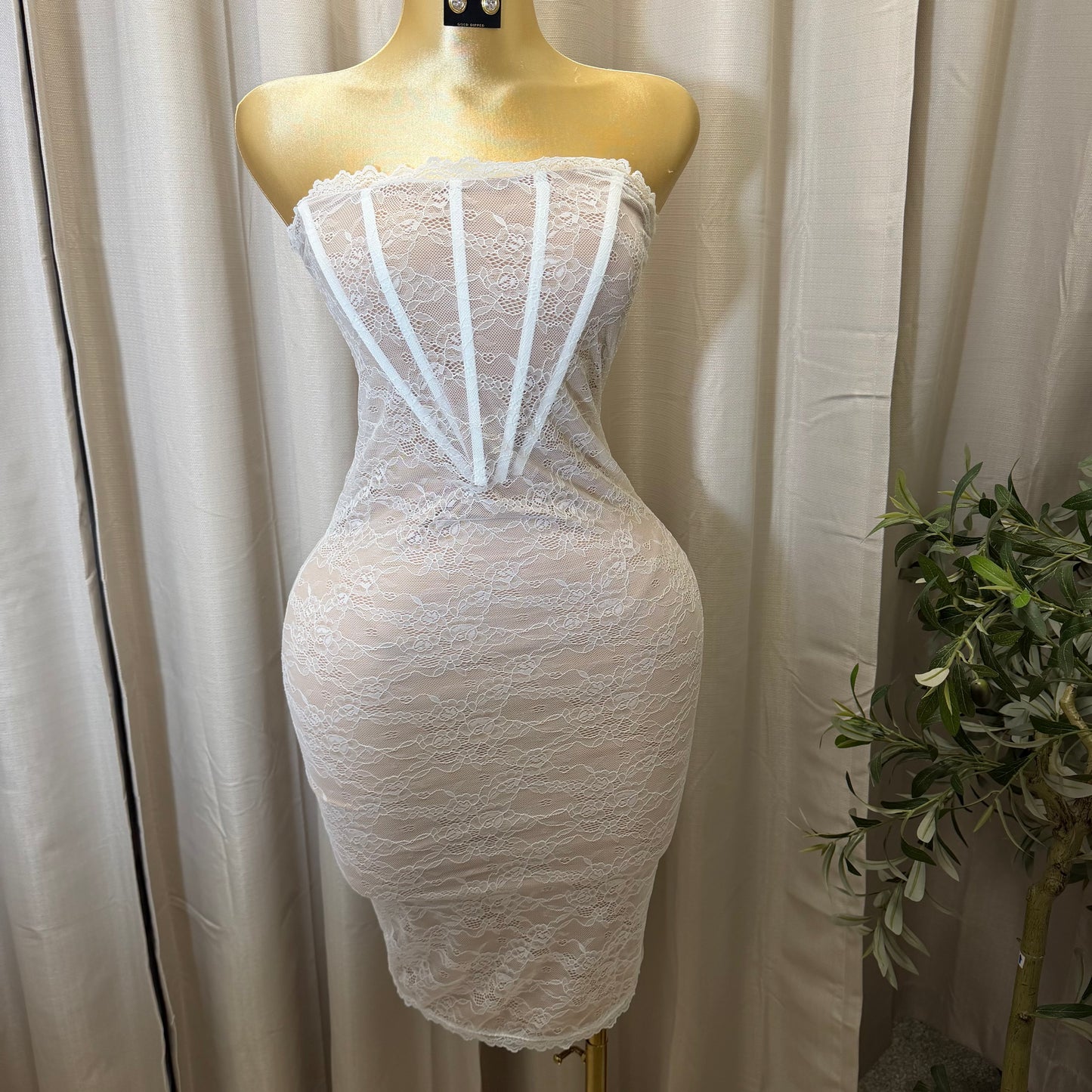 Stretch Lace Corset Body Midi Dress-Ivory