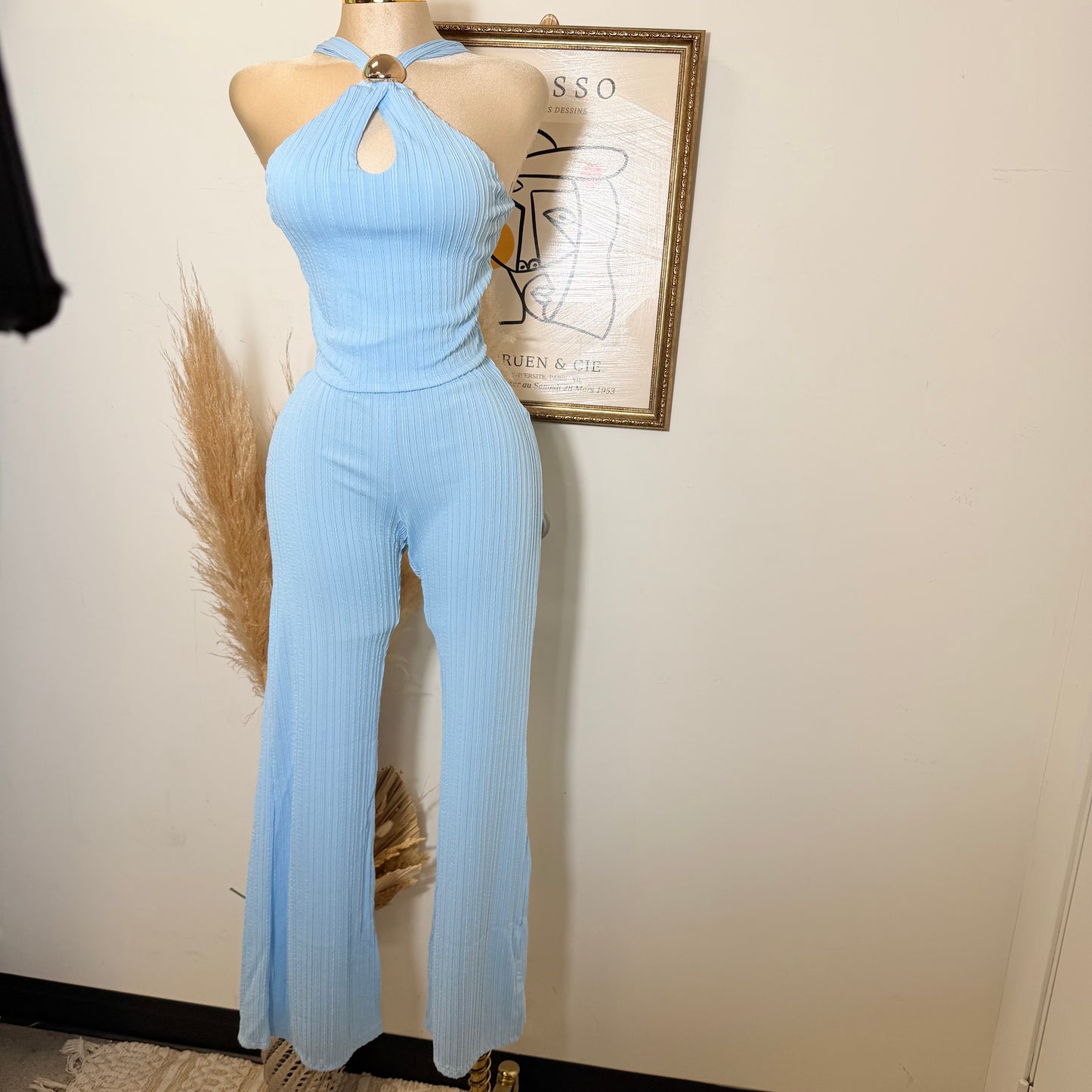 Front Cut Out Jewel Decor Halter Style Top and Pant Set-Baby Blue