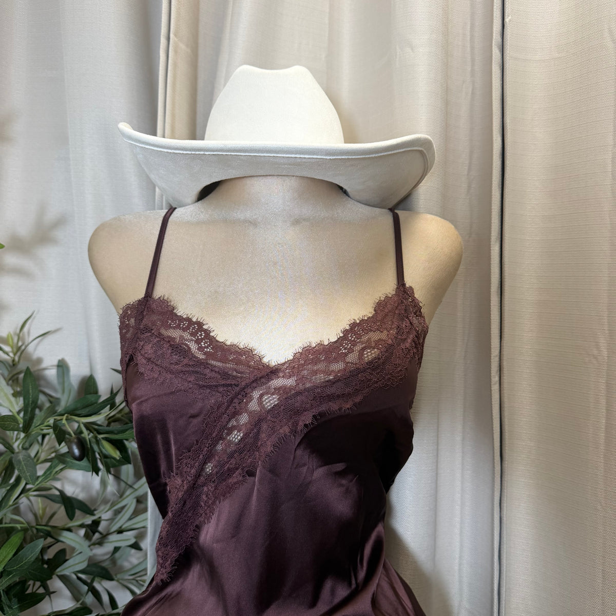 Asymmetric Satin With Lace Trim Detail Dress-Brown