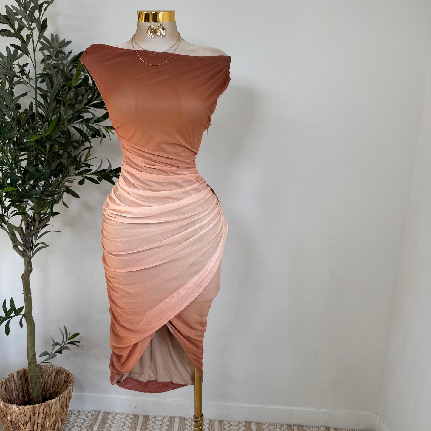 Ombré Mesh Print Asymmetrical Draped Mini Dress-Sunset