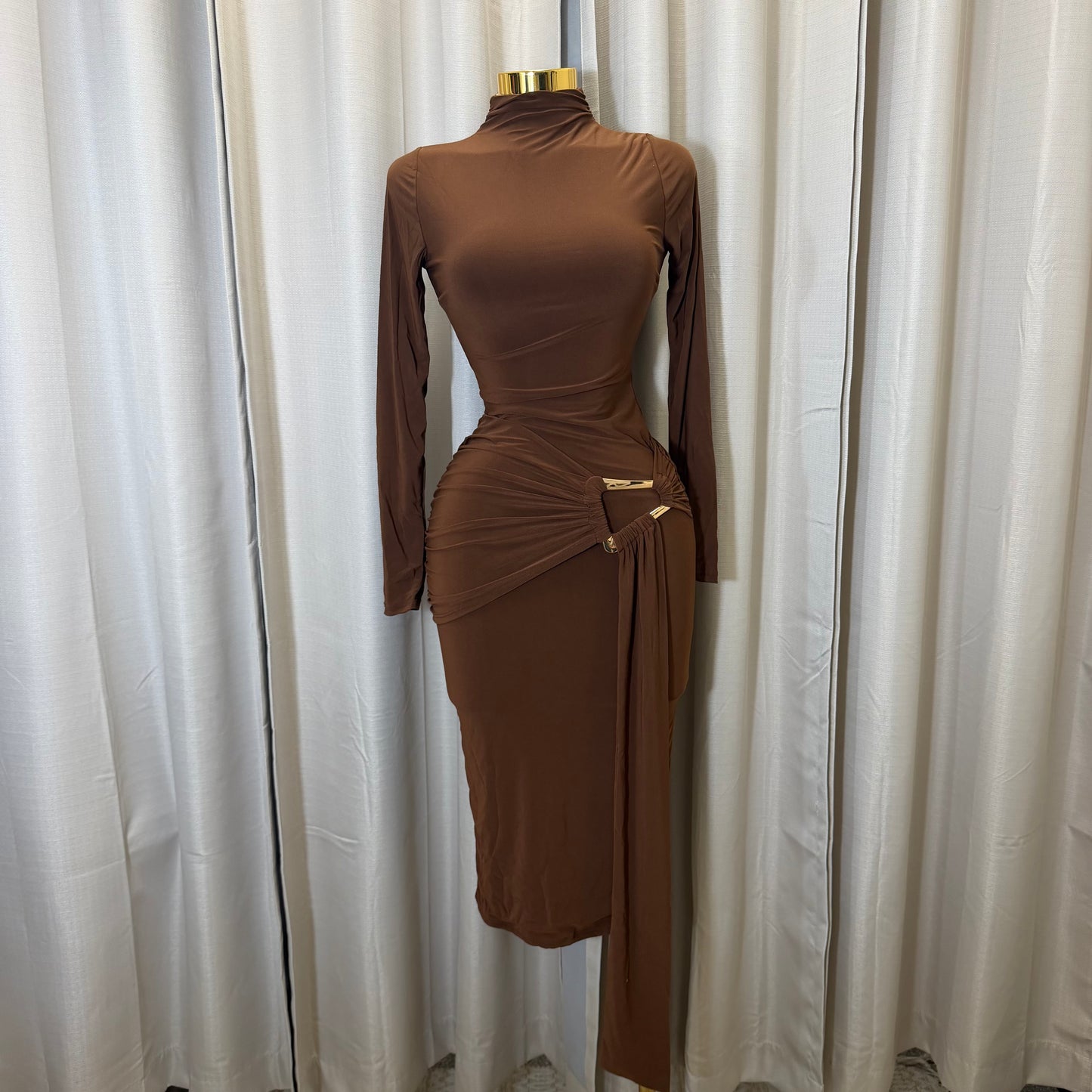 Long sleeve  Solid Double Layer Front Sash Midi Dress-Brown